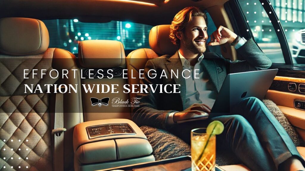 Luxurious black limousine driving through San Francisco, symbolizing Black Tie Transportation's coast-to-coast chauffeur service.