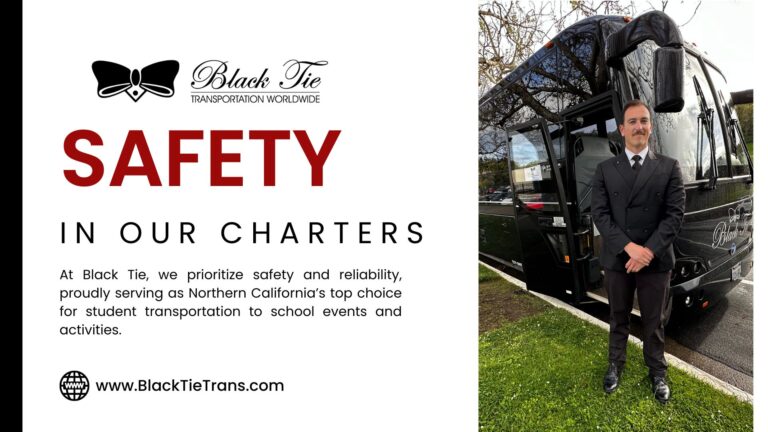 A Black Tie Transportation coach bus, known for its safety and reliability, transports students to school events like field trips and sports games in Northern California.